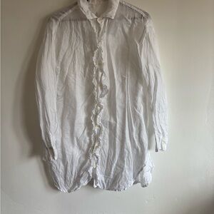 CP Shades White Ruffle-Trim Button Front long Shirt